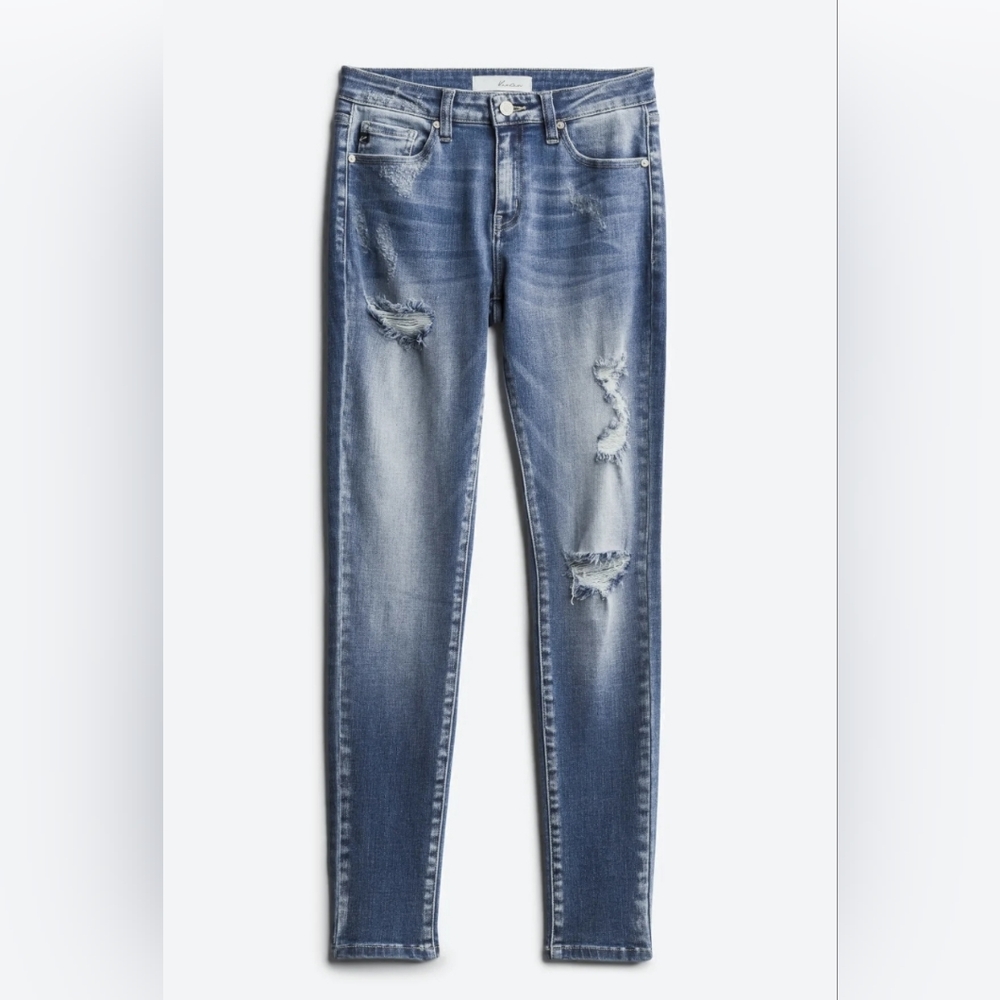 Kan Can Annalise Mid Rise Distressed Scissor Hem Skinny Jean size 14